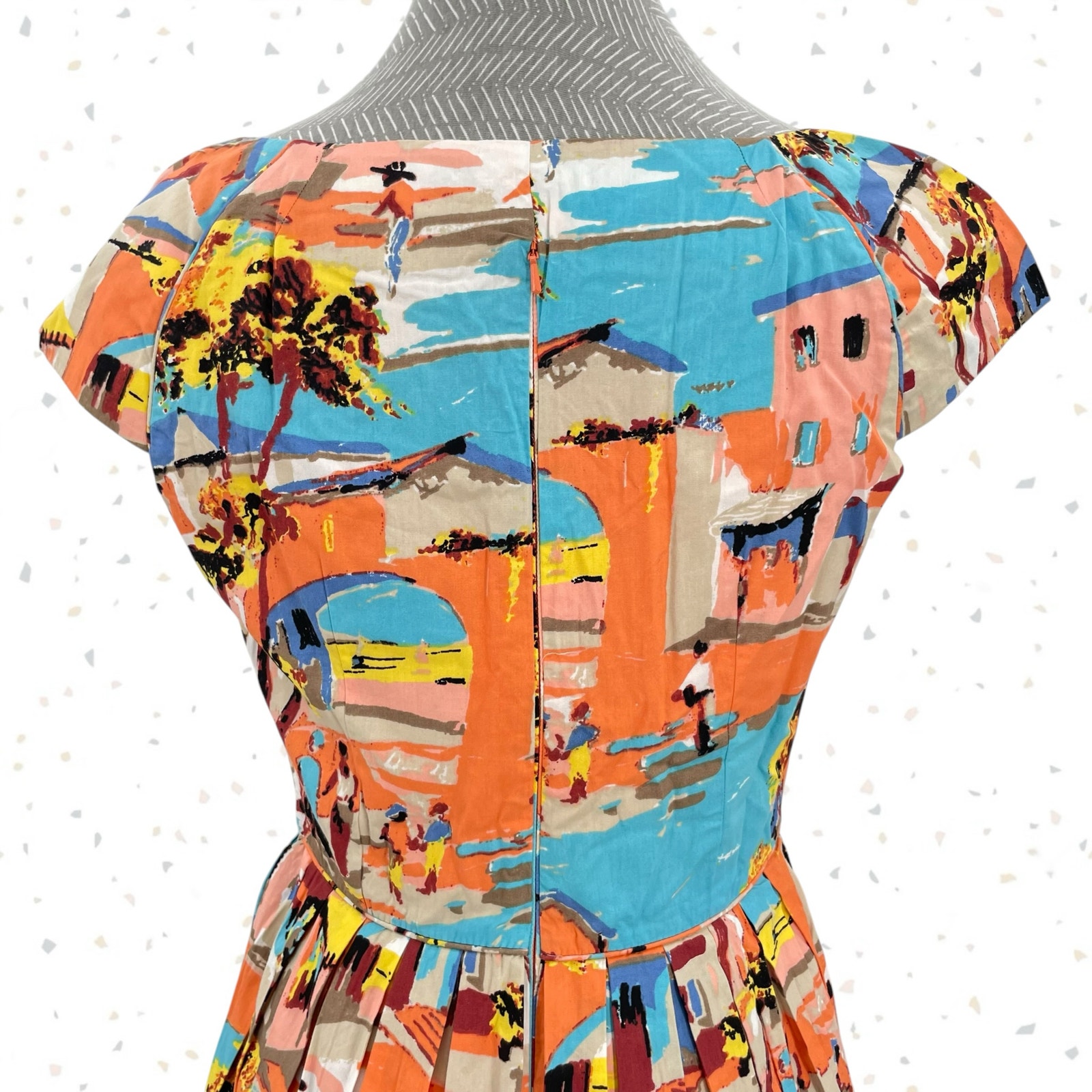 Emily Fin Claudia Havana Pleats Dress Blue Pink Summer Coastal Print Size S New — image 5 of 8